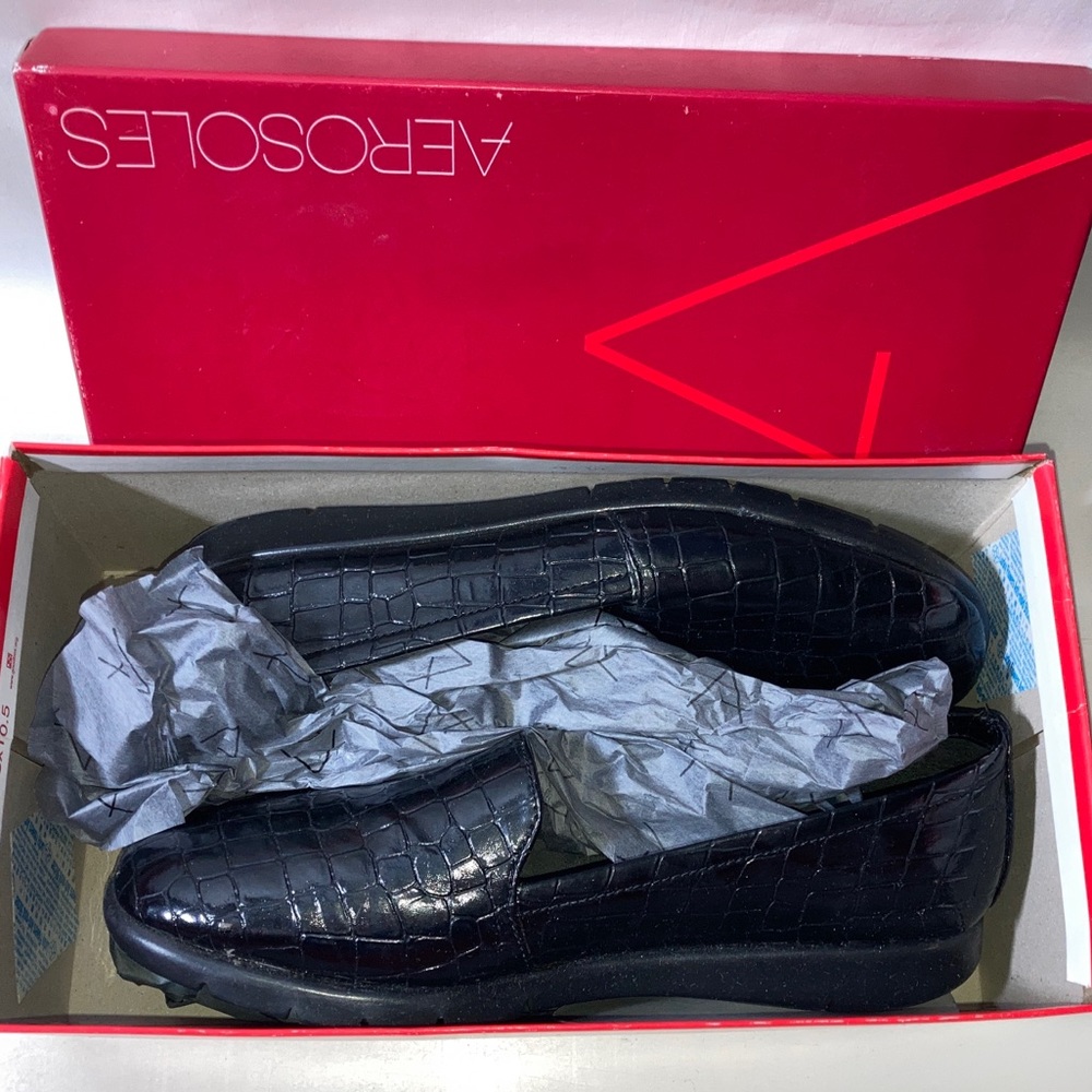 Aerosoles Army Croco Black Flats Loafers Slip On Wedge Women’s Size 7 1/2 - Picture 4 of 11